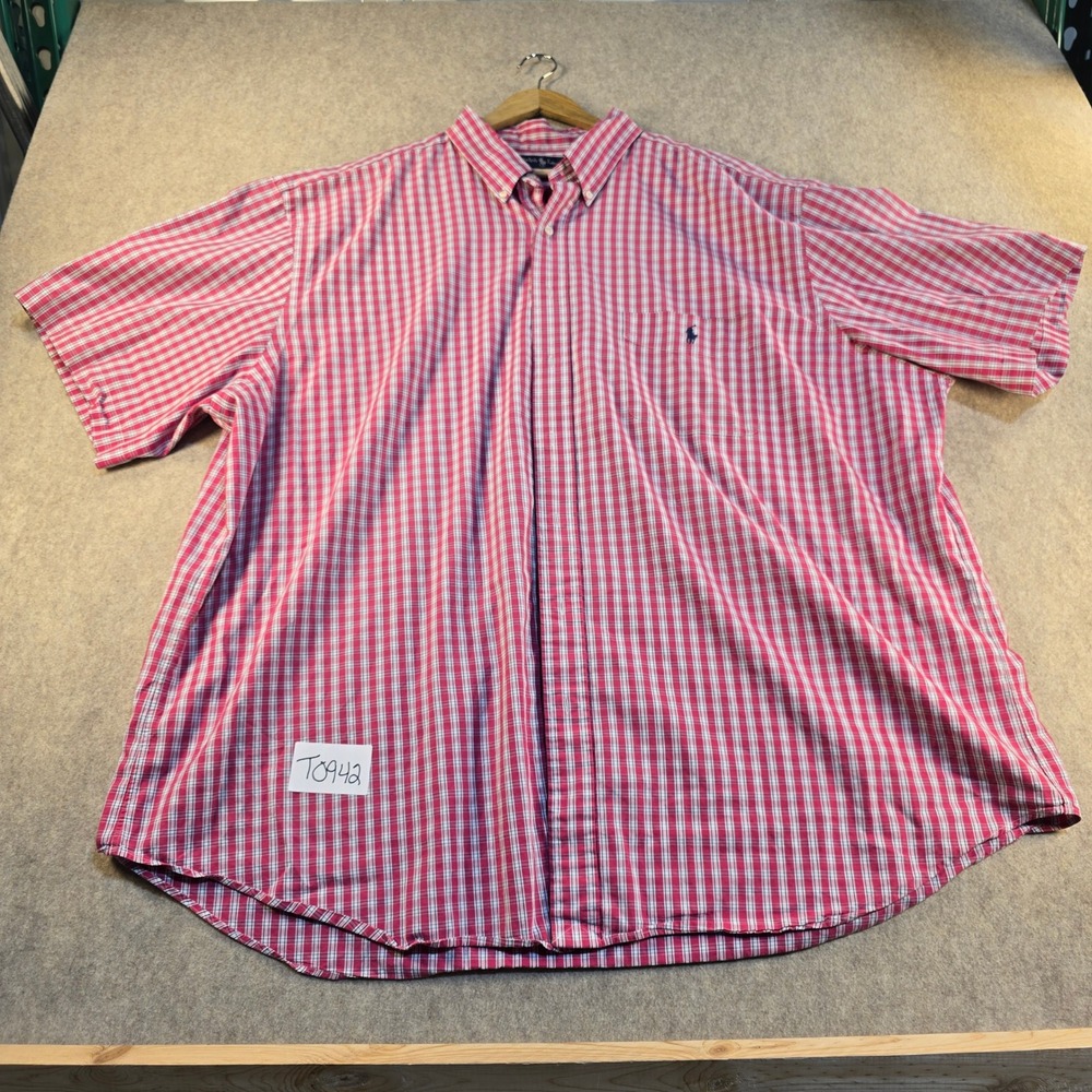 Ralph Lauren Mens 3X Big Pink Plaid Short Sleeve Button Down Shirt Cotton T0942